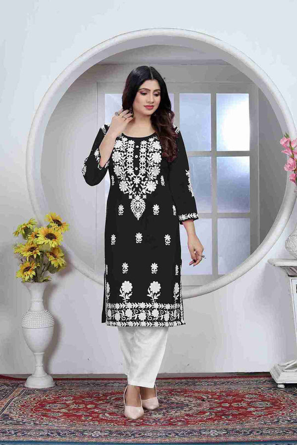 Black Colored Rayon Chikankari Embroidered Kurti With Pant