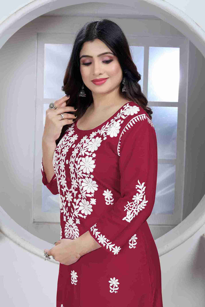 Maroon Colored Rayon Chikankari Embroidered Kurti With Pant