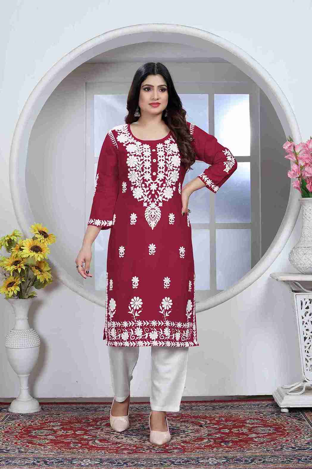 Maroon Rayon Chikankari Kurti With Pant