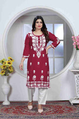 Maroon Rayon Chikankari Kurti With Pant