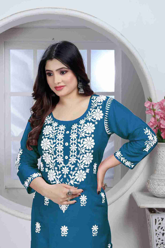 Morpich Colored Rayon Chikankari Embroidered Kurti With Pant