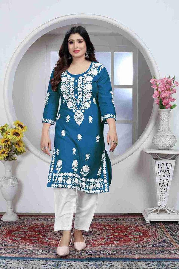 Morpich Colored Rayon Chikankari Embroidered Kurti With Pant