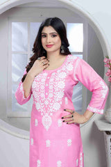 Pink Rayon Chikankari Kurti With Pant