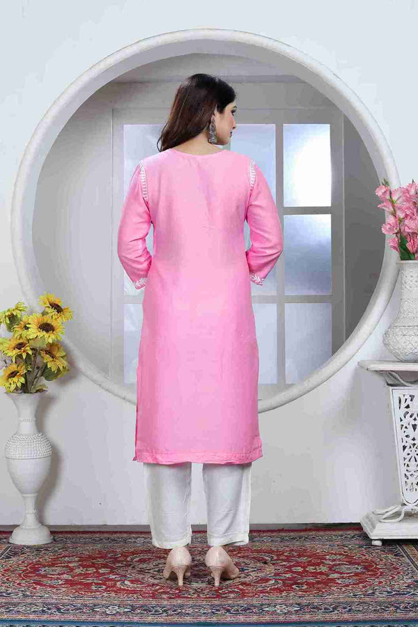 Pink Colored Rayon Chikankari Embroidered Kurti With Pant