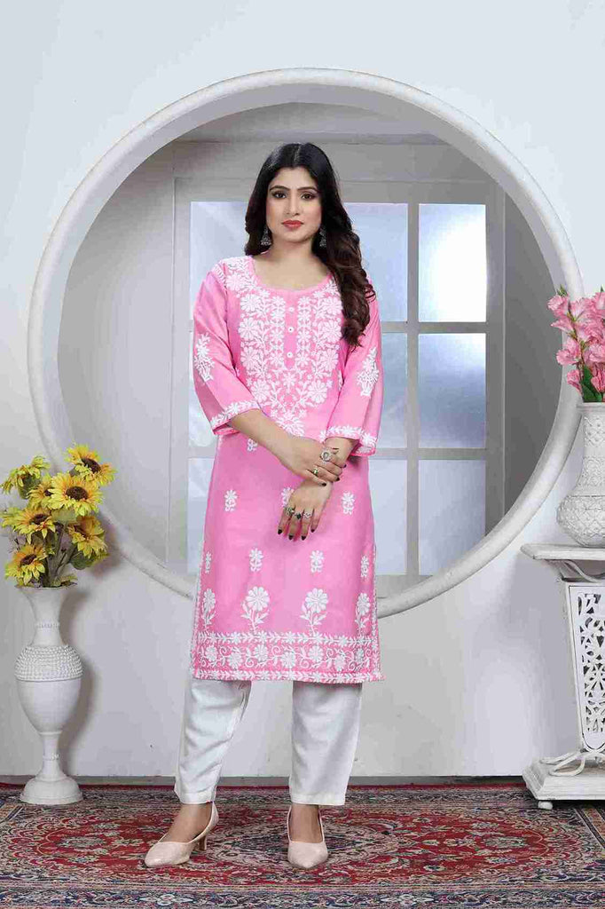 Pink Colored Rayon Chikankari Embroidered Kurti With Pant