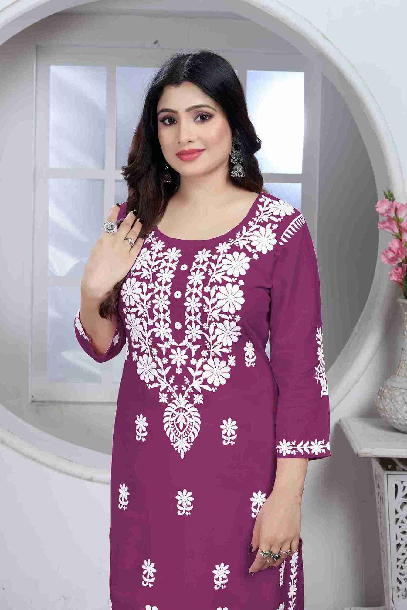 Wine Rayon Chikankari Kurti With Pant