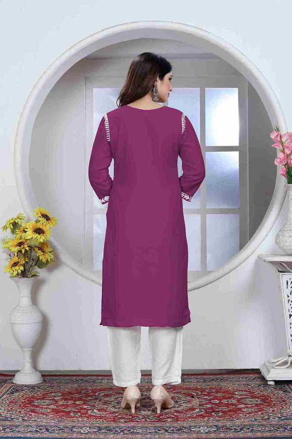 Wine Colored Rayon Chikankari Embroidered Kurti With Pant