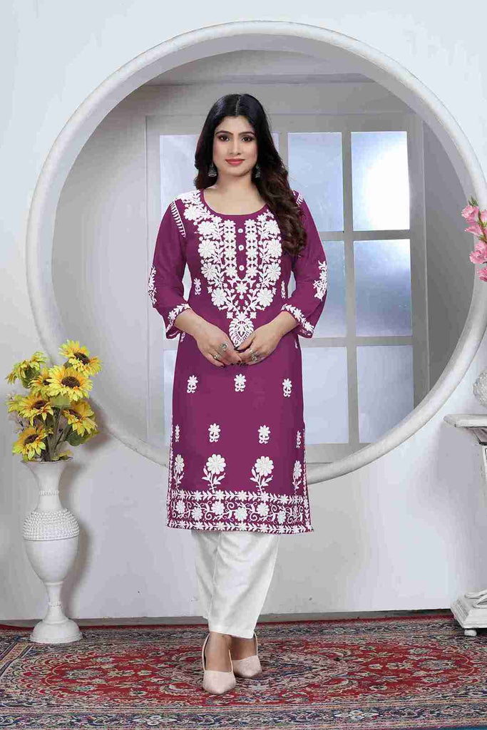 Wine Colored Rayon Chikankari Embroidered Kurti With Pant