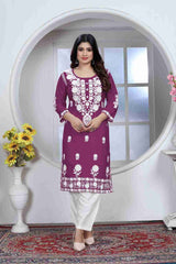 Wine Rayon Chikankari Kurti With Pant