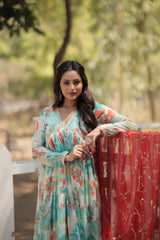 Sky Blue Russian Silk Digital Printed Alia Cut Kurti With Dupatta