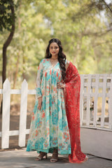 Sky Blue Russian Silk Digital Printed Alia Cut Kurti With Dupatta