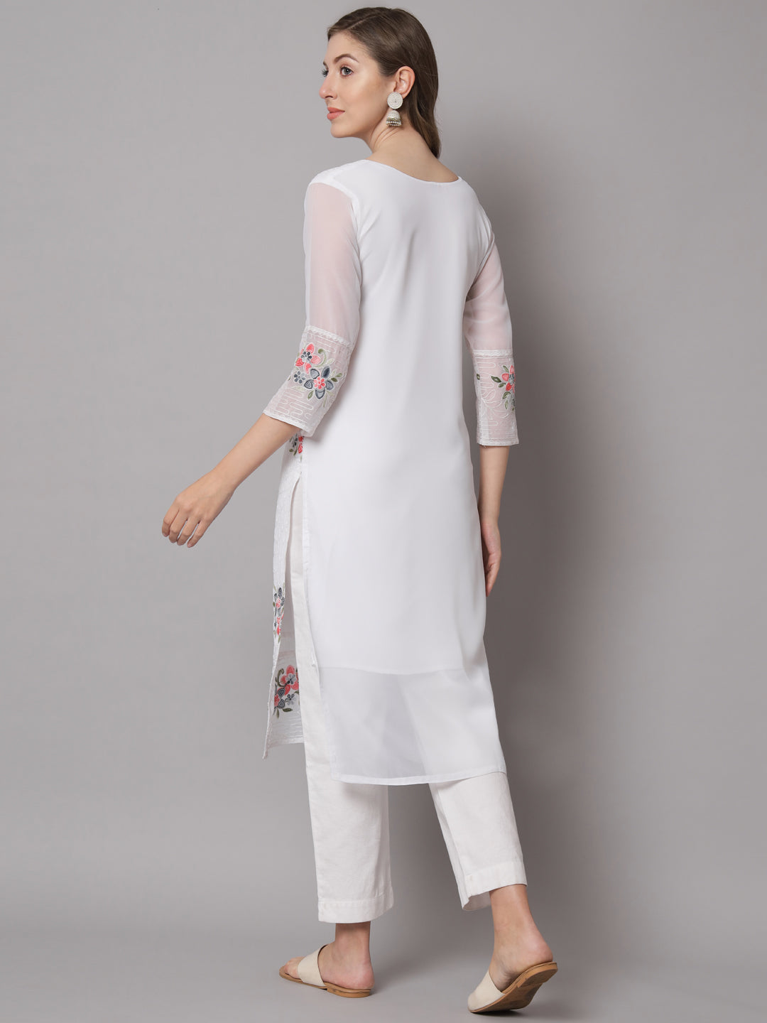 White Colored Georgette Designer Embroidery Work Kurti