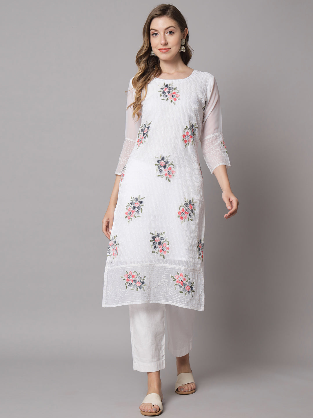 White Colored Georgette Designer Embroidery Work Kurti