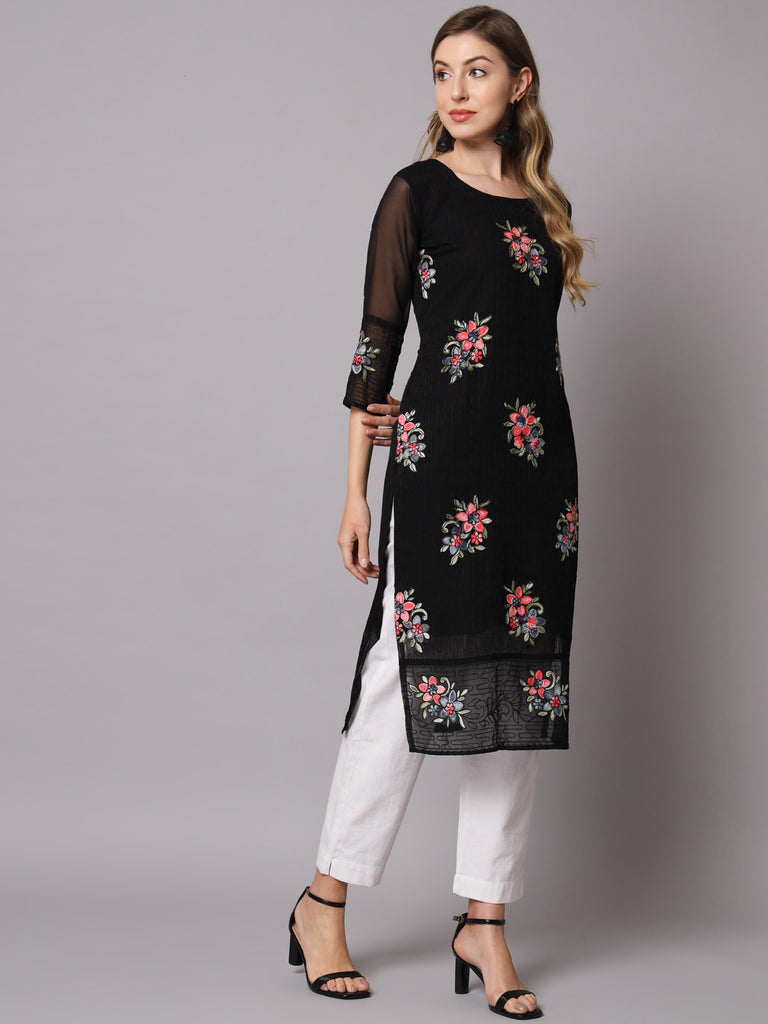 Black Colored Georgette Designer Embroidery Work Kurti