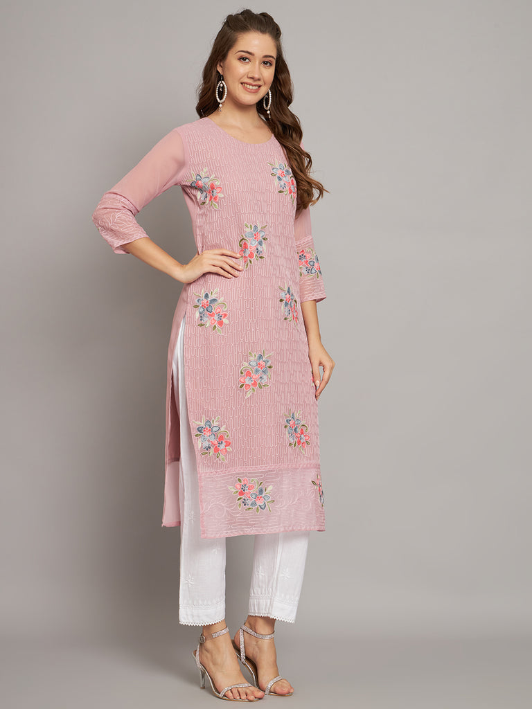 Pink Colored Georgette Designer Embroidery Work Kurti