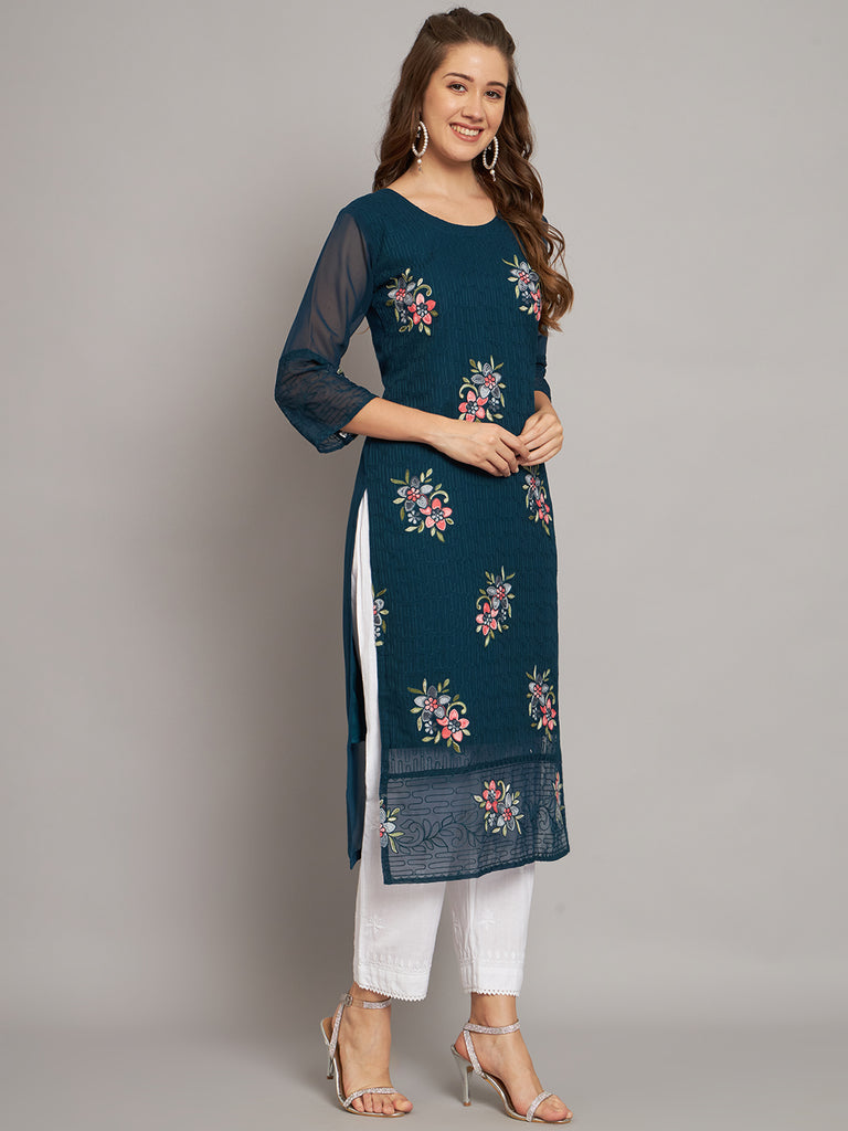 Teal Blue Colored Georgette Designer Embroidery Work Kurti