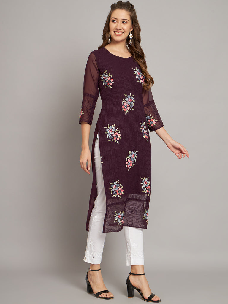 Wine Colored Georgette Designer Embroidery Work Kurti