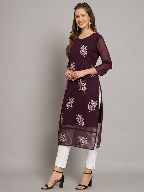 Wine Colored Georgette Designer Embroidery Work Kurti