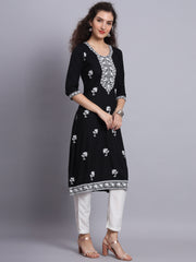 Black Colored Rayon Lucknowi Chikankari Embroidered Long Kurti