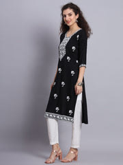 Black Colored Rayon Lucknowi Chikankari Embroidered Long Kurti