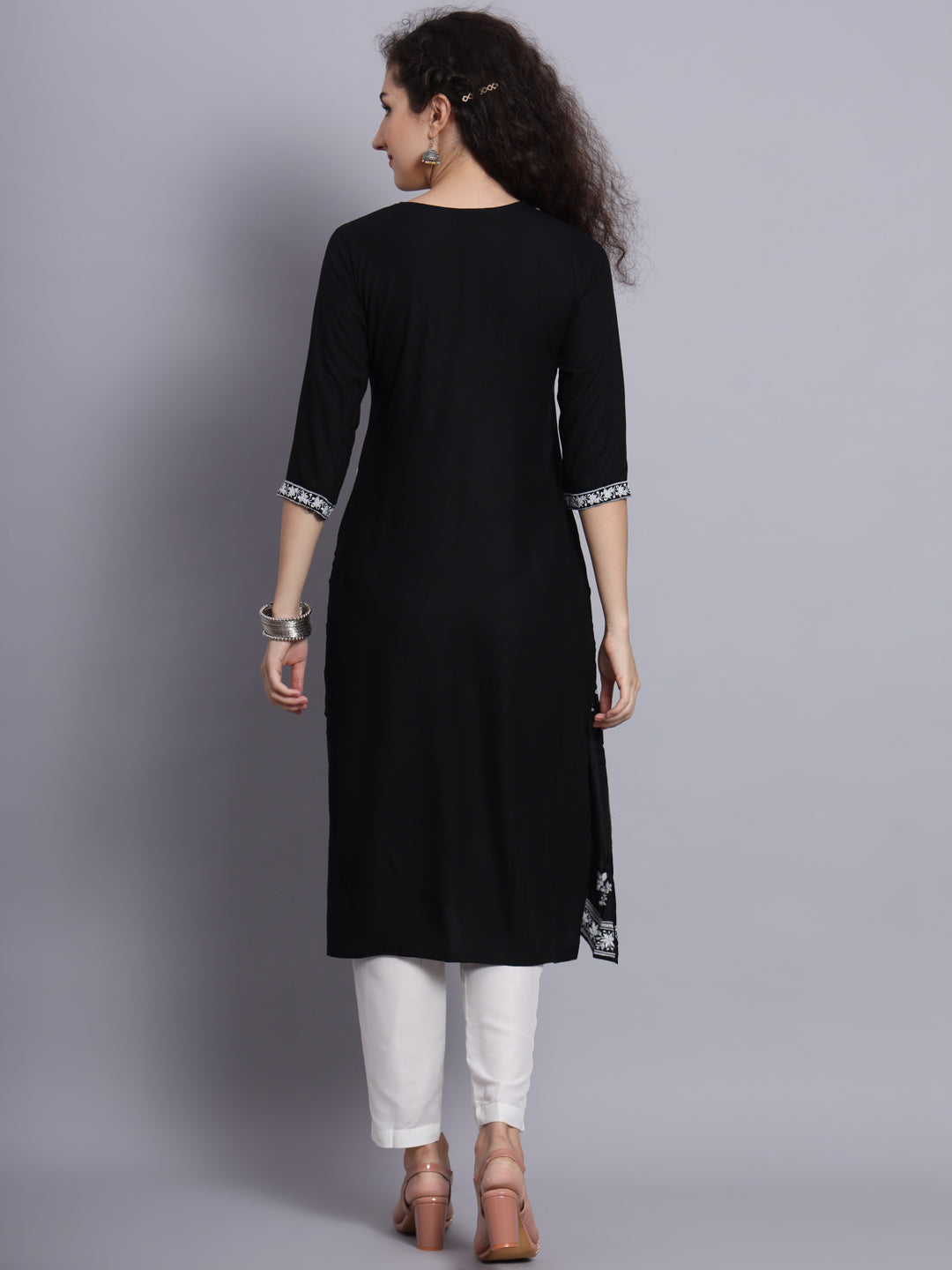 Black Colored Rayon Lucknowi Chikankari Embroidered Long Kurti