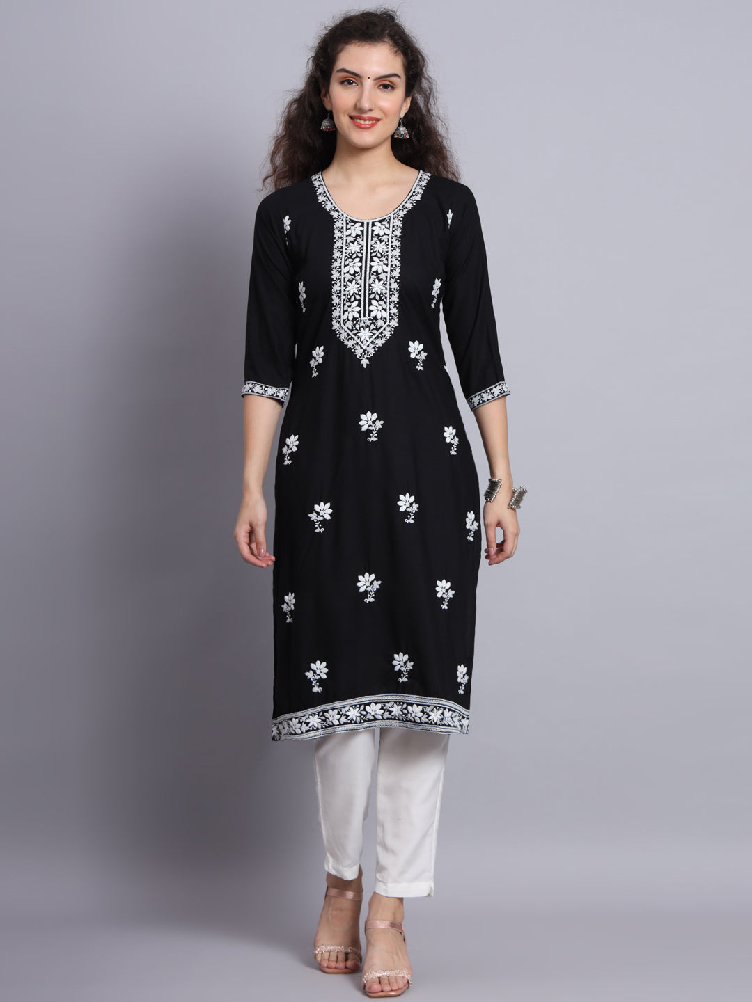 Black Colored Rayon Lucknowi Chikankari Embroidered Long Kurti