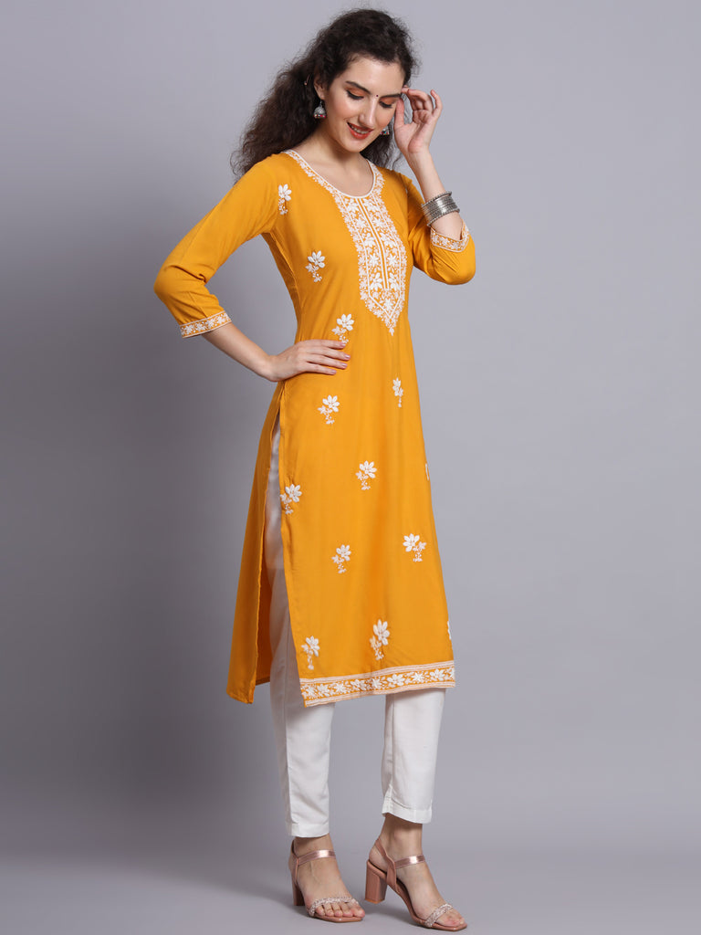 Yellow Colored Rayon Lucknowi Chikankari Embroidered Long Kurti