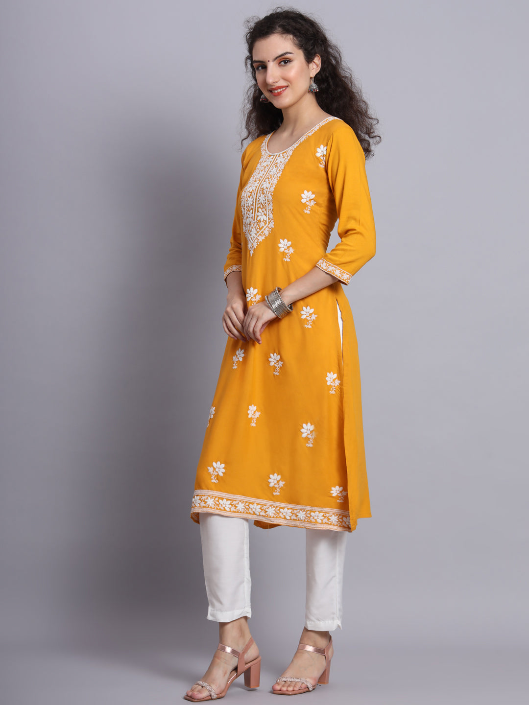 Yellow Colored Rayon Lucknowi Chikankari Embroidered Long Kurti