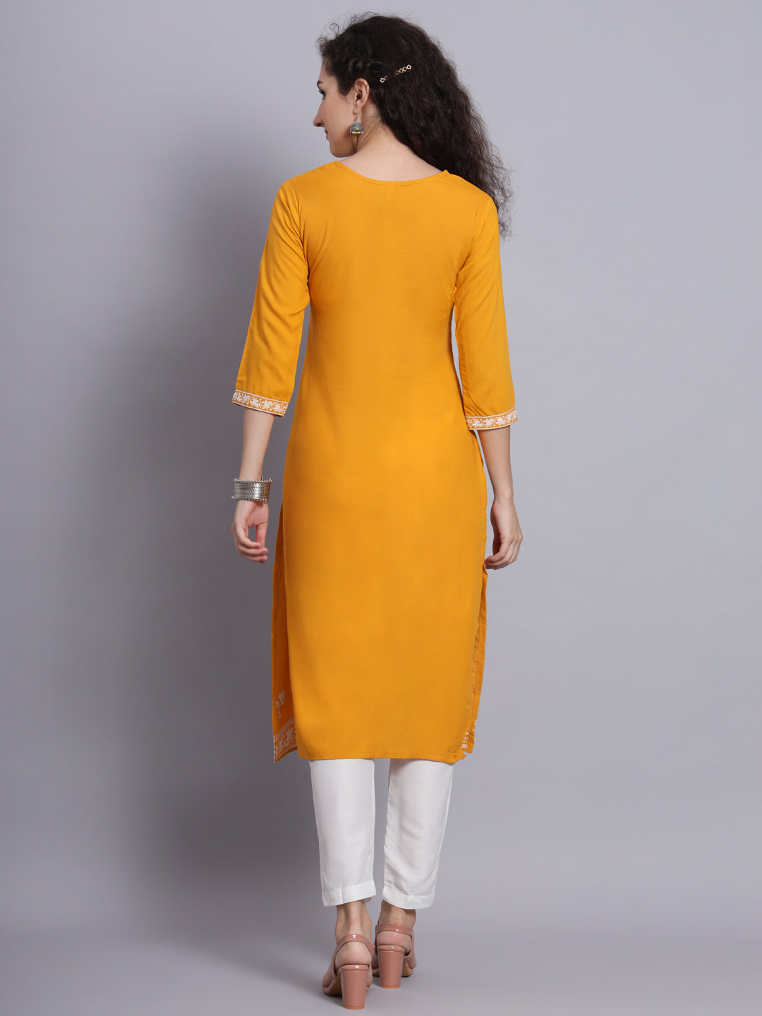 Yellow Colored Rayon Lucknowi Chikankari Embroidered Long Kurti