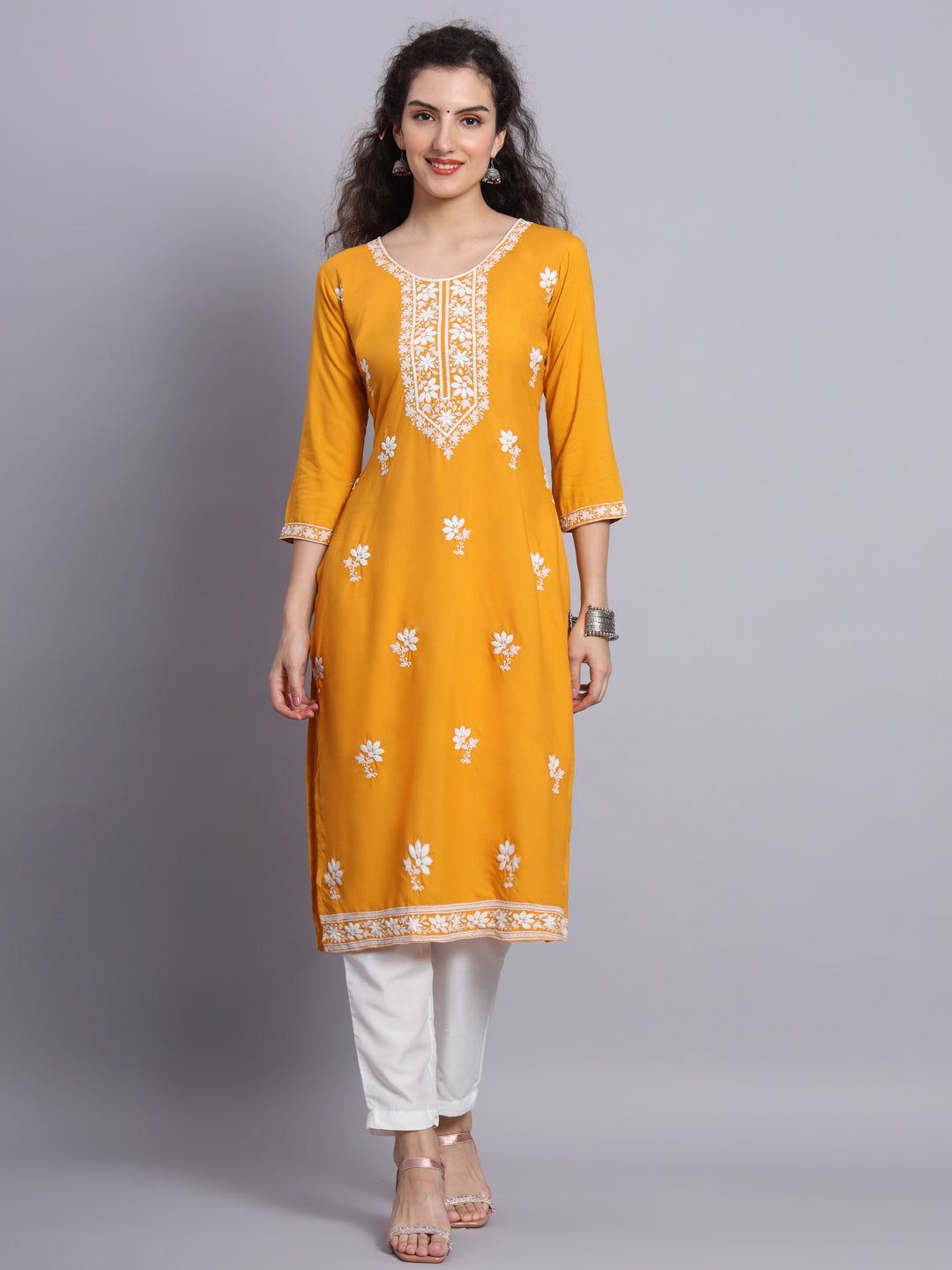 Yellow Colored Rayon Lucknowi Chikankari Embroidered Long Kurti