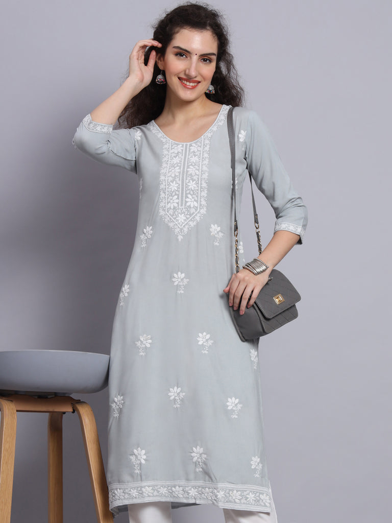 Grey Colored Rayon Lucknowi Chikankari Embroidered Long Kurti