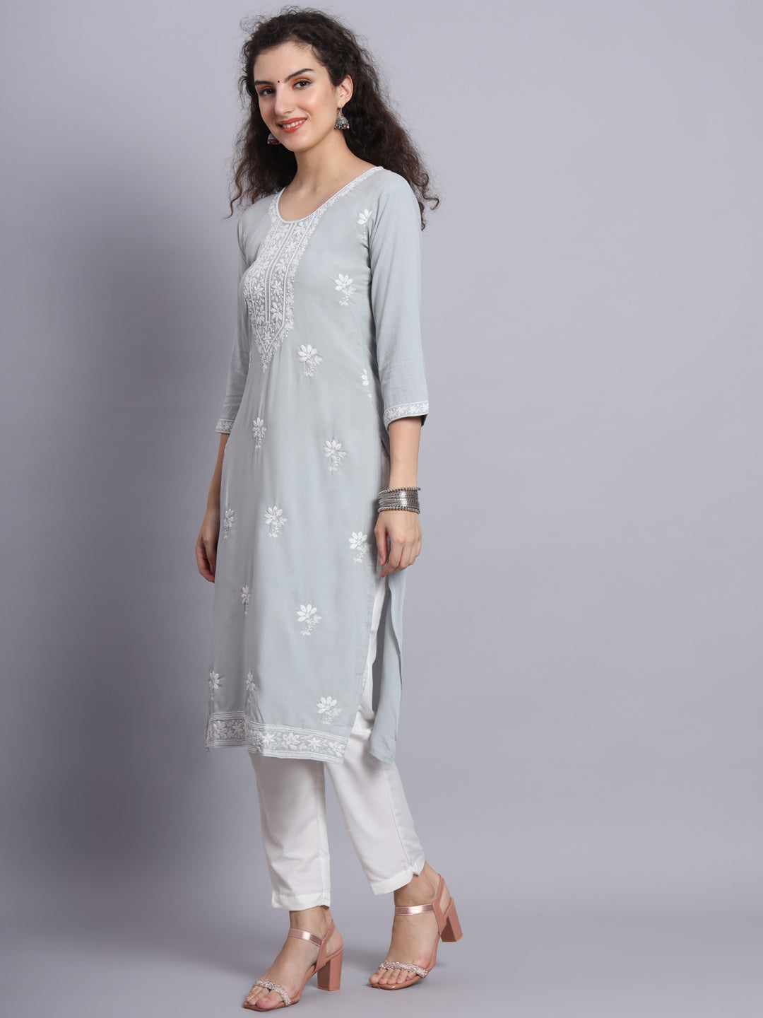 Grey Colored Rayon Lucknowi Chikankari Embroidered Long Kurti