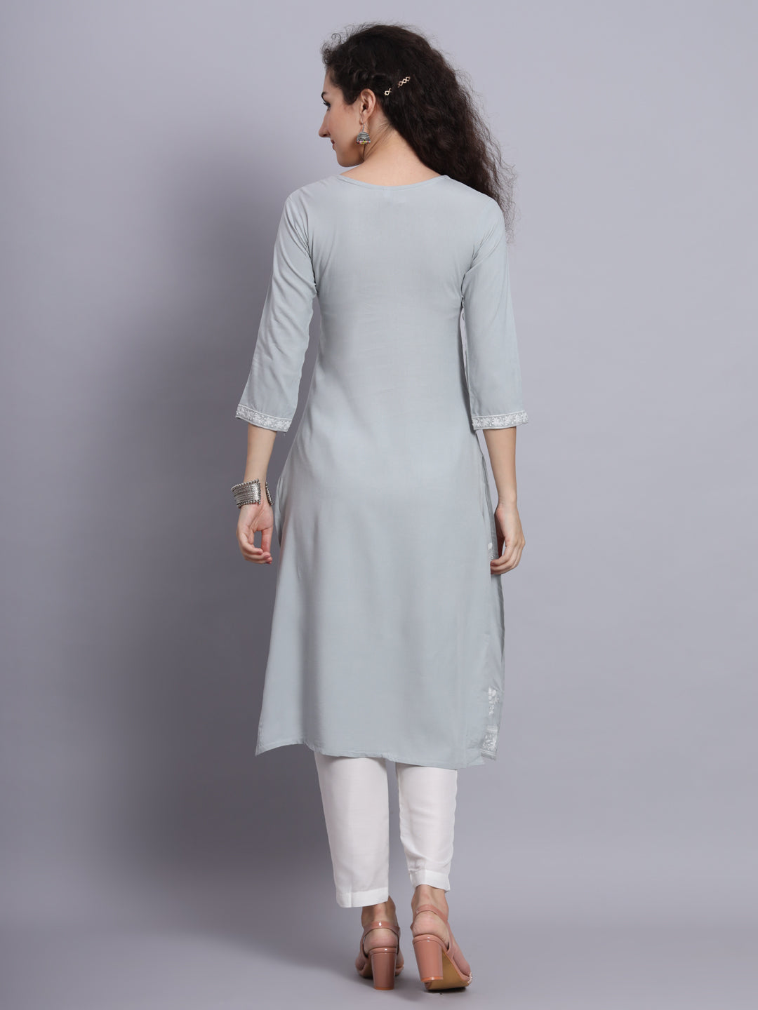 Grey Colored Rayon Lucknowi Chikankari Embroidered Long Kurti