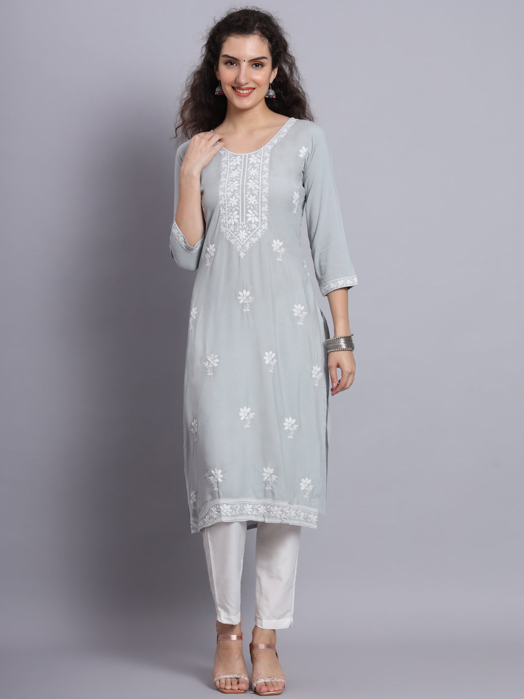 Grey Colored Rayon Lucknowi Chikankari Embroidered Long Kurti