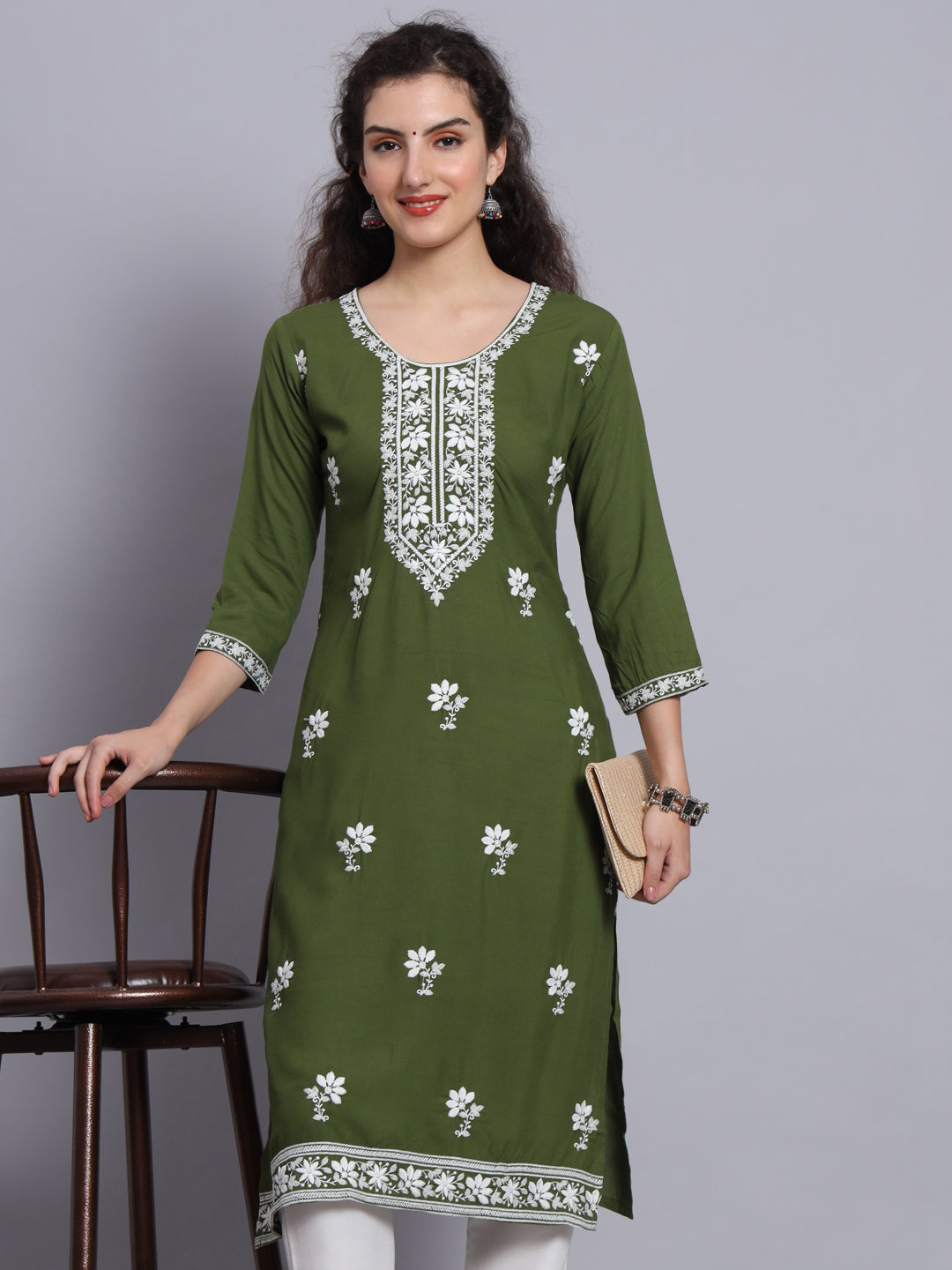 Green Colored Rayon Lucknowi Chikankari Embroidered Long Kurti