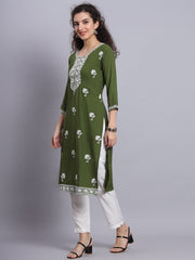 Green Colored Rayon Lucknowi Chikankari Embroidered Long Kurti