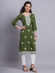 Green Colored Rayon Lucknowi Chikankari Embroidered Long Kurti