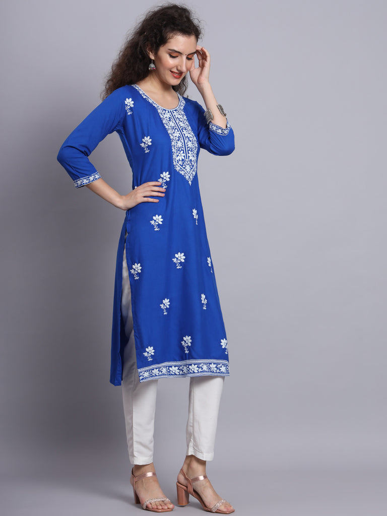 Blue Colored Rayon Lucknowi Chikankari Embroidered Long Kurti