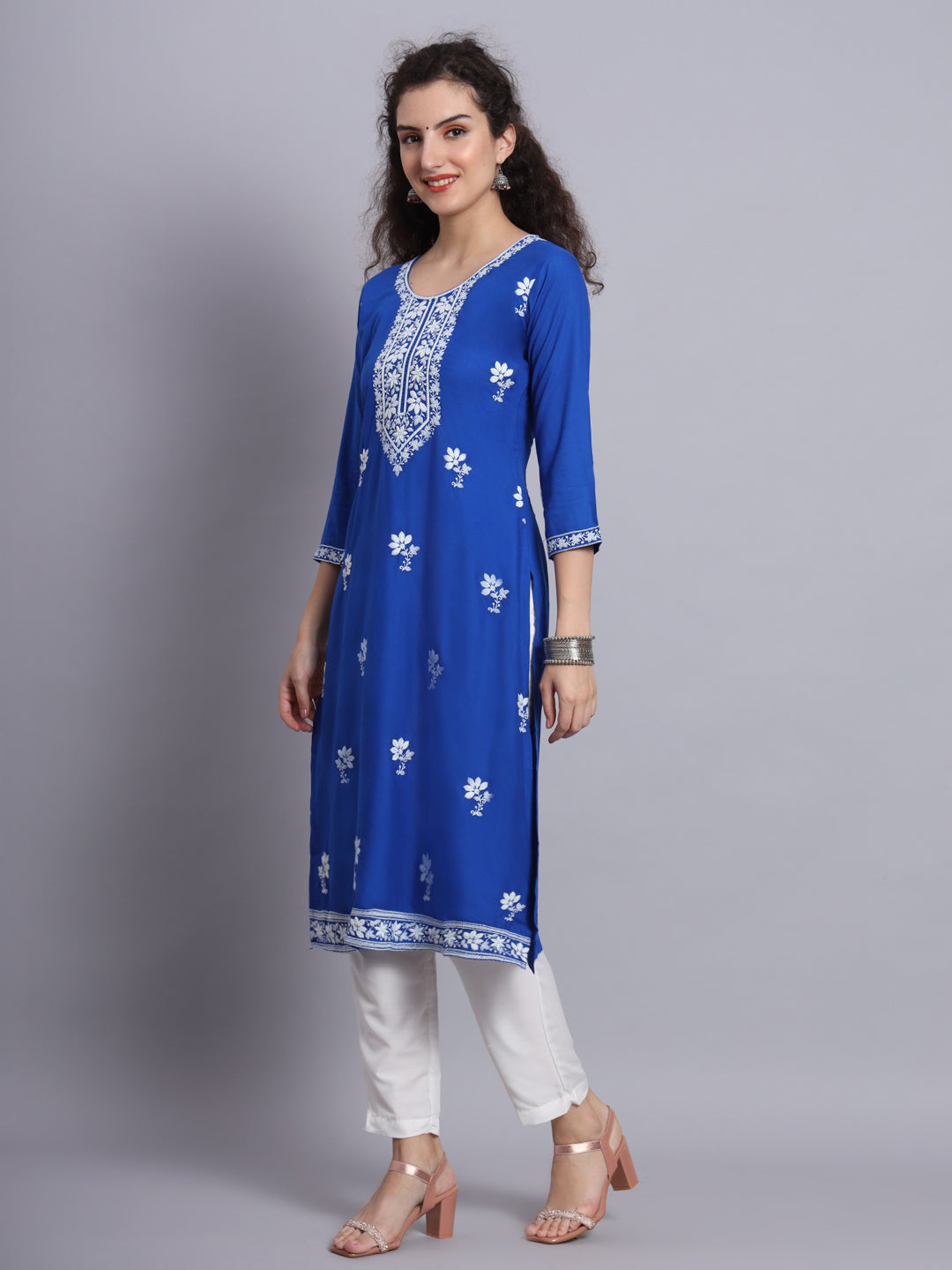 Blue Colored Rayon Lucknowi Chikankari Embroidered Long Kurti