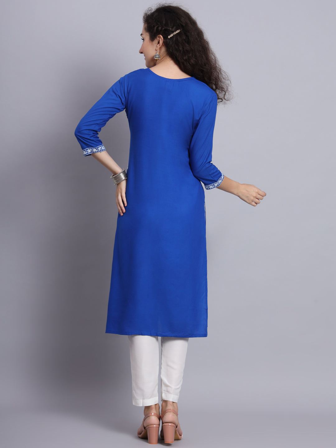 Blue Colored Rayon Lucknowi Chikankari Embroidered Long Kurti