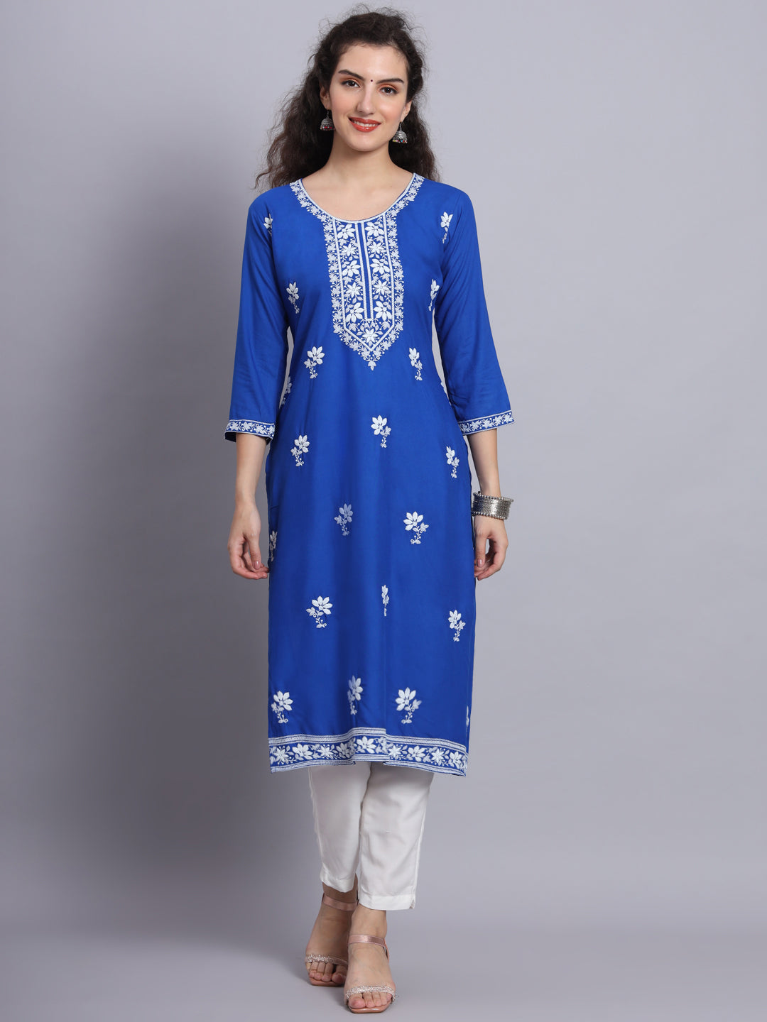 Blue Colored Rayon Lucknowi Chikankari Embroidered Long Kurti