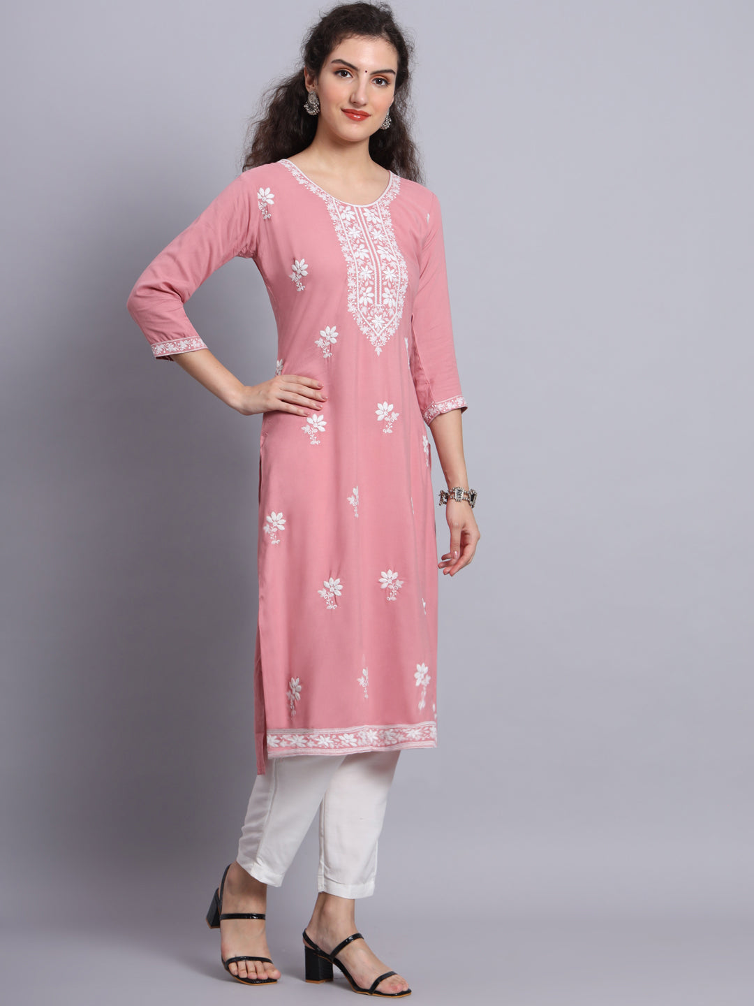 Pink Colored Rayon Lucknowi Chikankari Embroidered Long Kurti