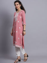 Pink Colored Rayon Lucknowi Chikankari Embroidered Long Kurti