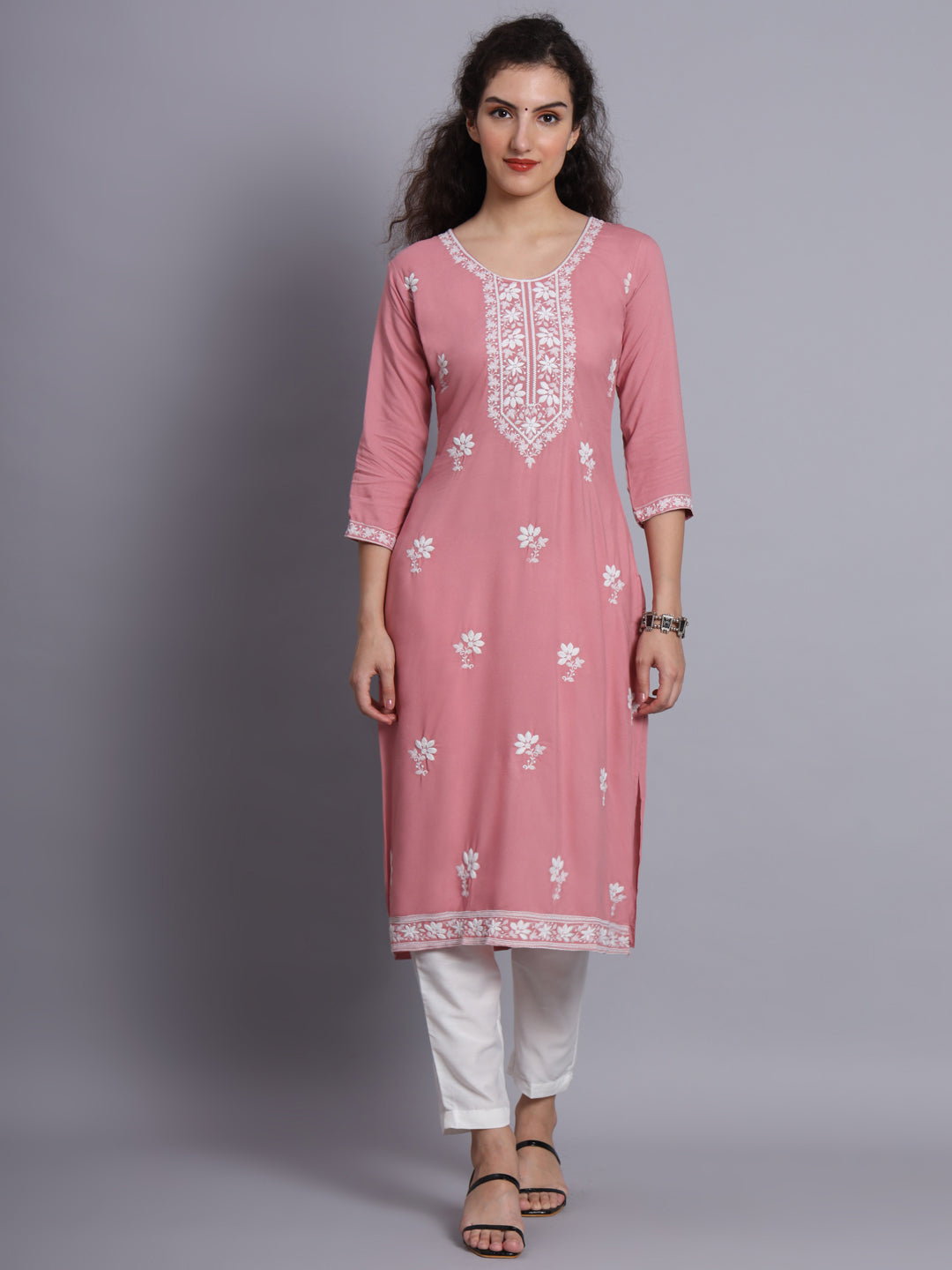 Pink Colored Rayon Lucknowi Chikankari Embroidered Long Kurti