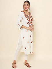 White Colored Rayon Thread Embroidered  Long Kurti