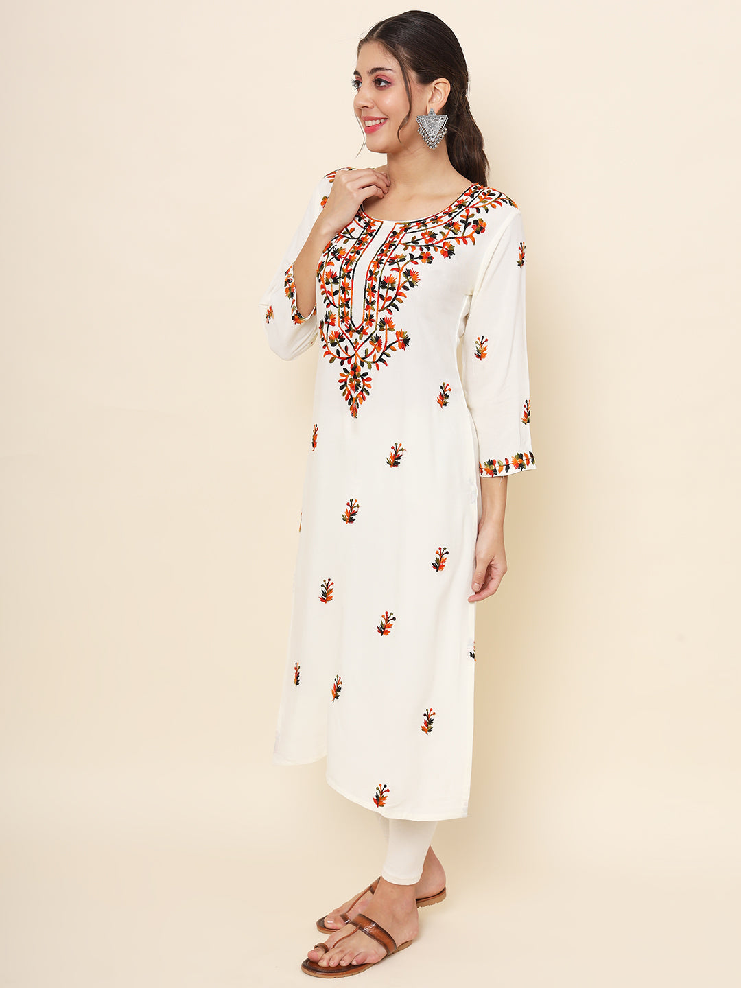 White Colored Rayon Thread Embroidered  Long Kurti