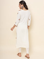 White Colored Rayon Thread Embroidered  Long Kurti