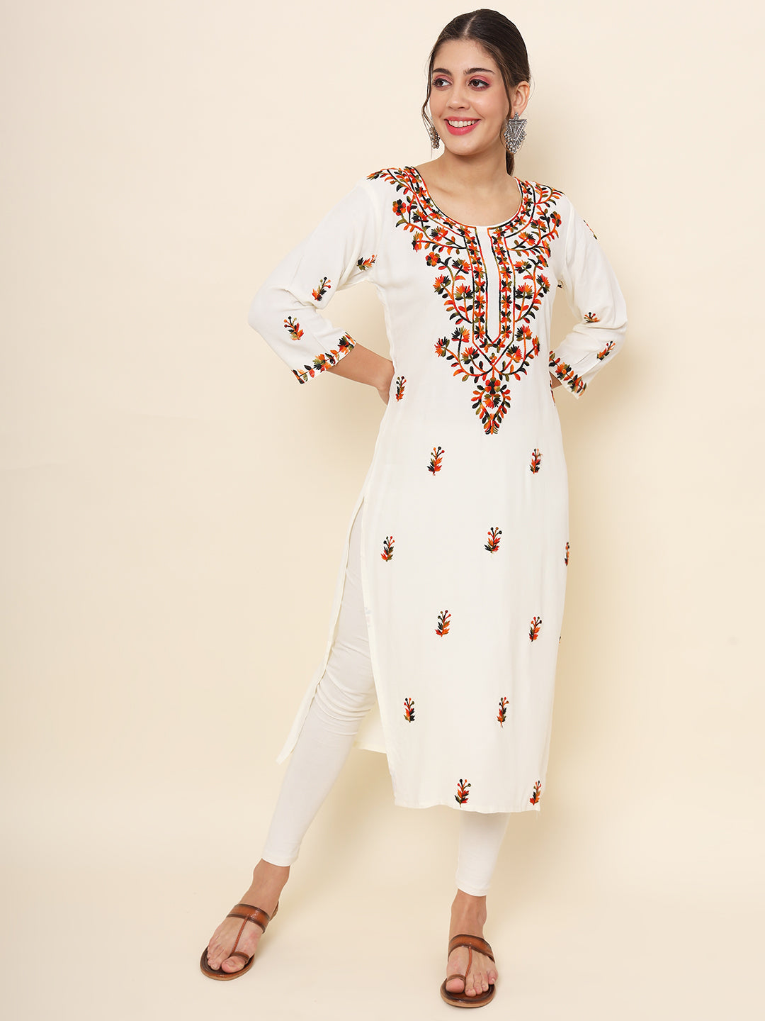 White Colored Rayon Thread Embroidered  Long Kurti