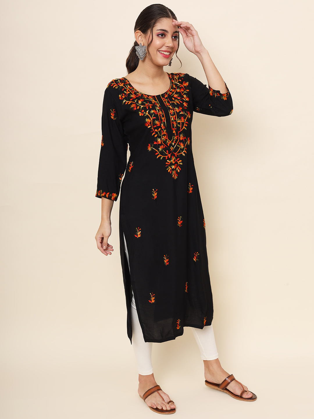 Black Colored Rayon Thread Embroidered  Long Kurti