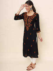 Black Colored Rayon Thread Embroidered  Long Kurti